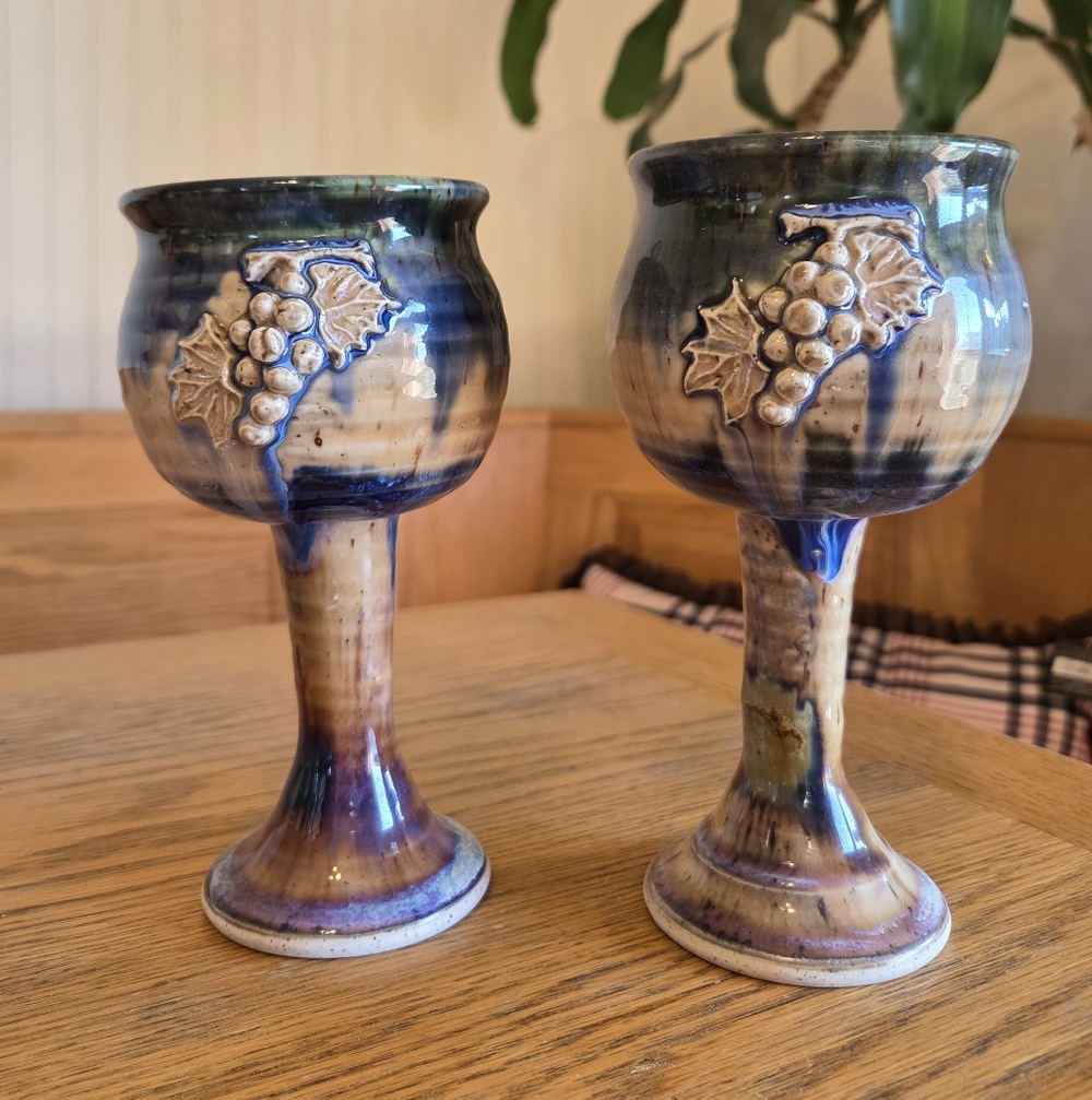Vintage Studio Art Pottery Grapes & Leaves Glazed (2) Goblets Chalices 7" Signed